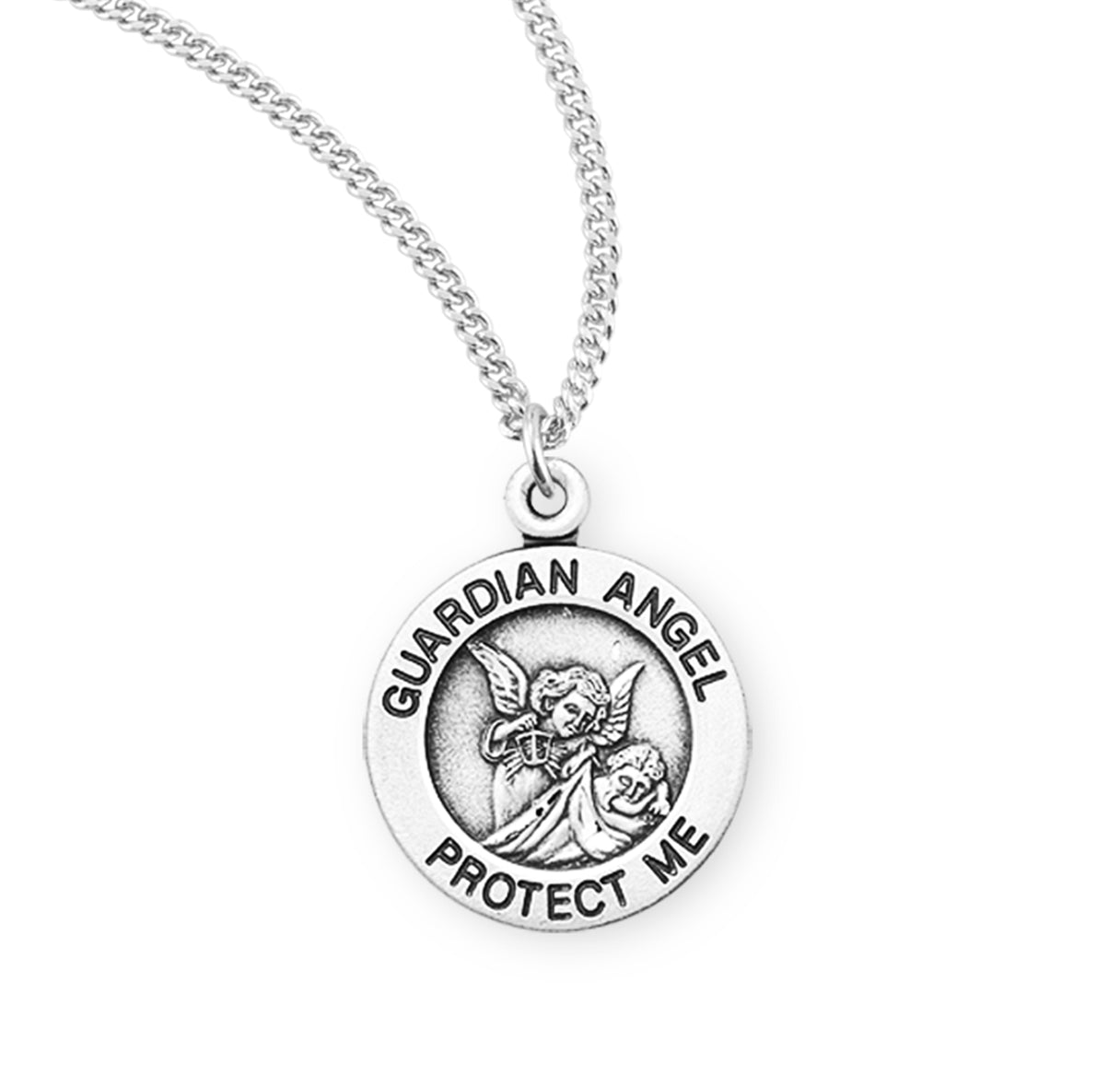 Guardian Angel Round Sterling Silver Medal Pendant Necklace