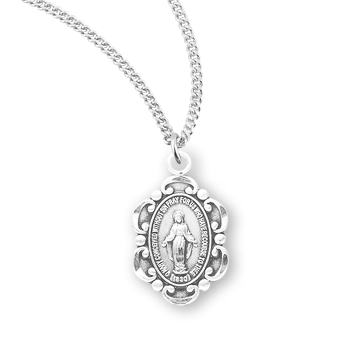 Sterling Silver Oval Fancy Edge Miraculous Medal Pendant Necklace, Made in USA