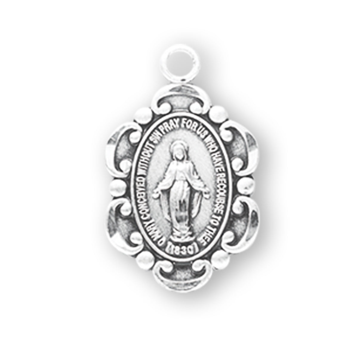 Sterling Silver Oval Fancy Edge Miraculous Medal Pendant Necklace, Made in USA