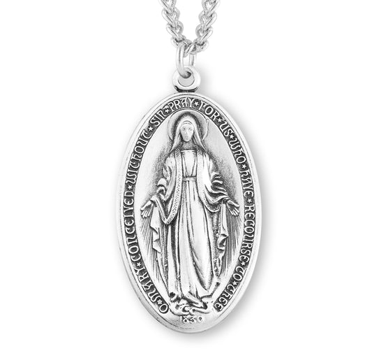 Sterling Silver Oval Miraculous Medal Pendant Necklace, Made in USA