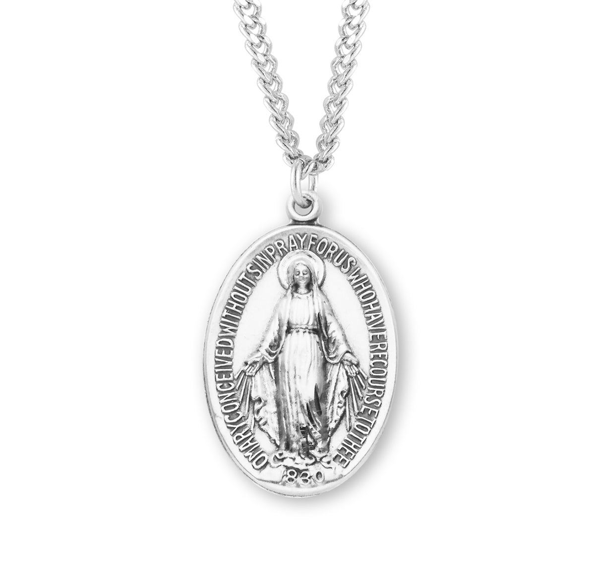 Sterling Silver Oval Miraculous Medal Pendant Necklace, Made in USA