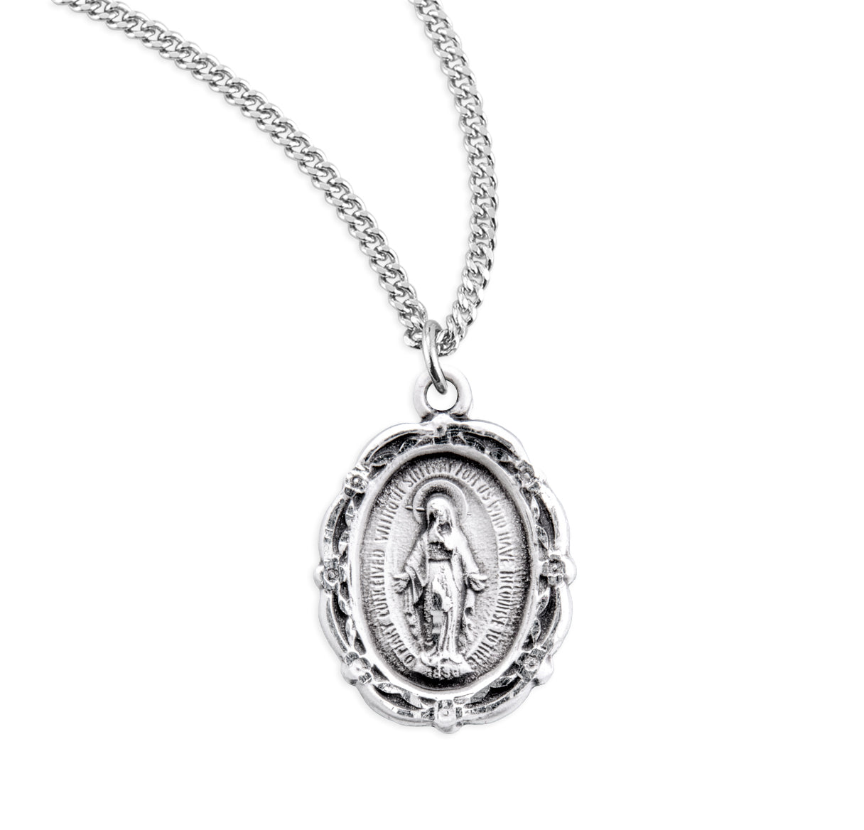 Sterling Silver Oval Miraculous Medal Pendant Necklace, Made in USA