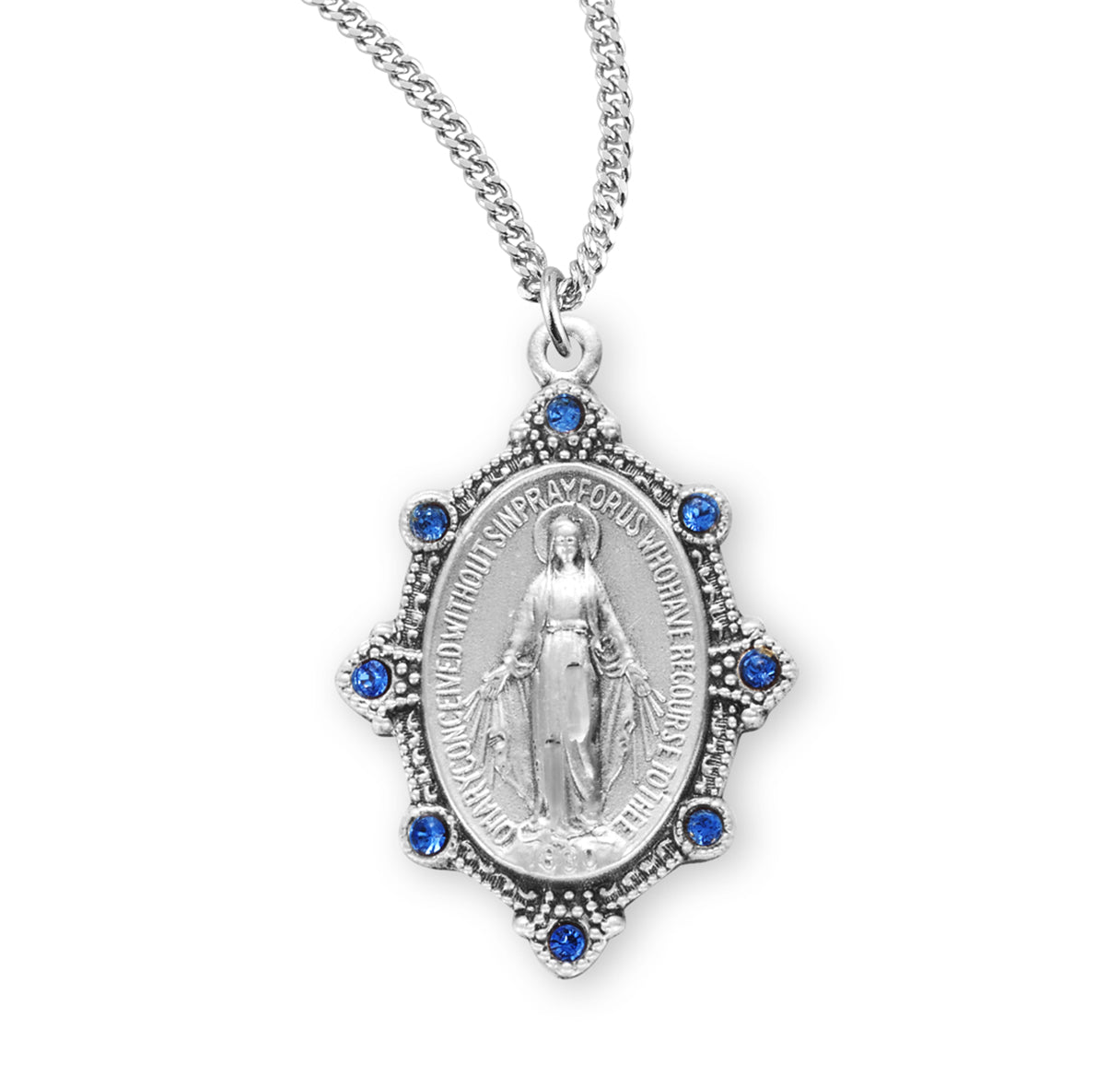 Sterling Silver Oval Miraculous Medal Pendant Necklace Set with Light Sapphire Crystals, Made in USA