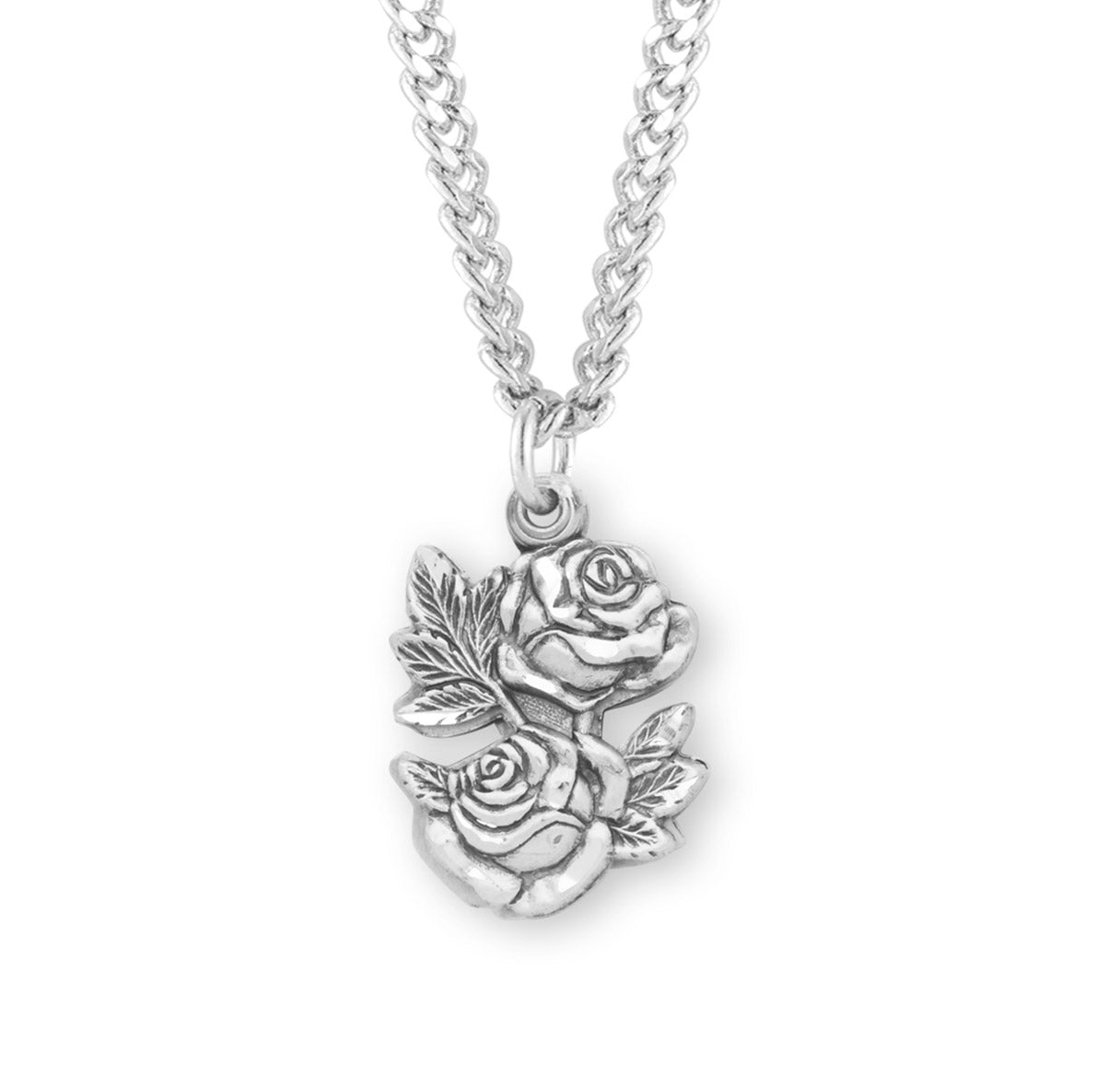 Sterling Silver Double Rose Bud Triple Slide Medal Pendant Necklace