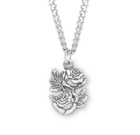 Sterling Silver Double Rose Bud Triple Slide Medal Pendant Necklace