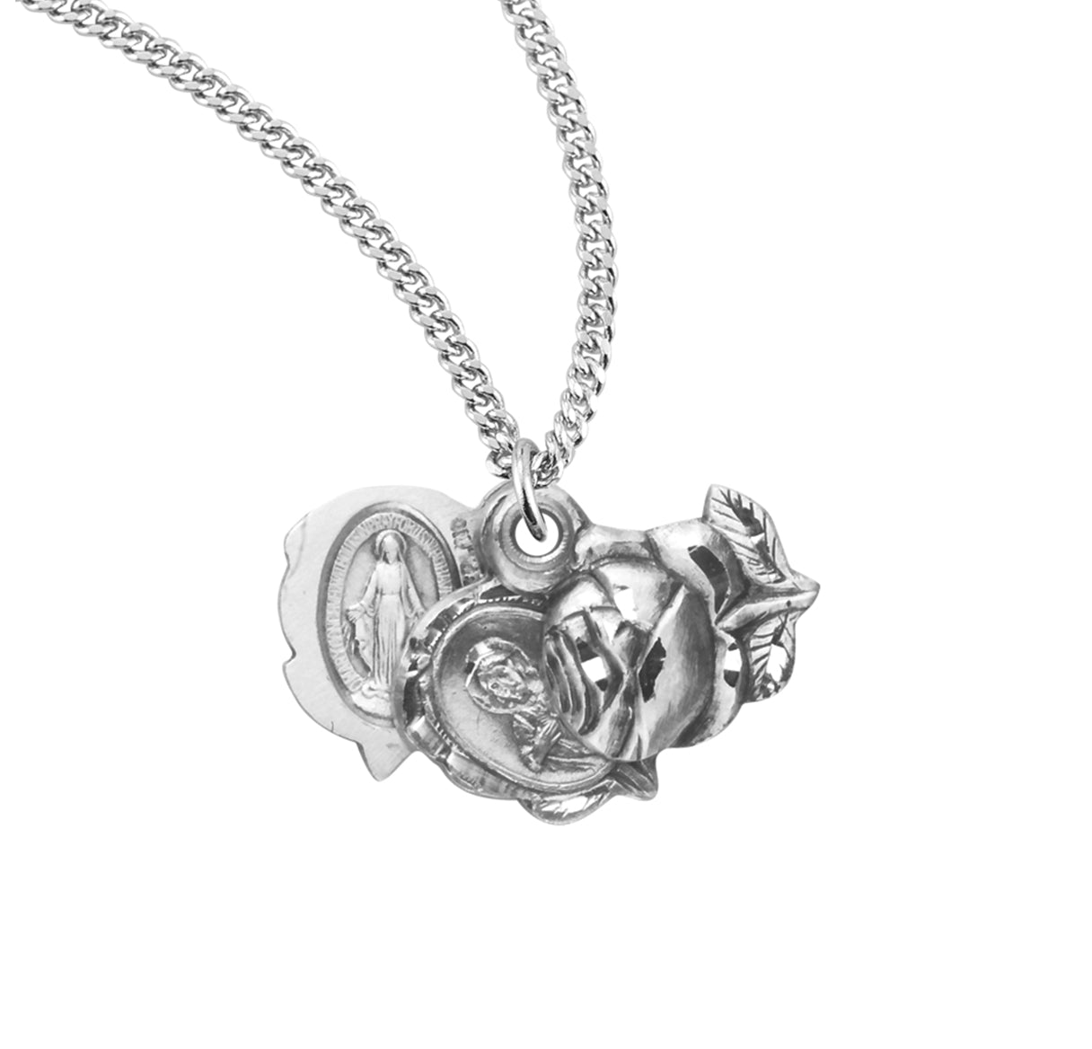 Sterling Silver Small Rose Bud Triple Slide Medal Pendant Necklace