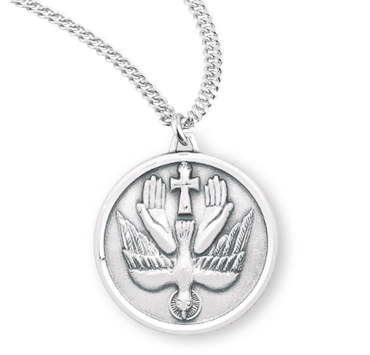 Holy Spirit Round Sterling Silver Medal Pendant Necklace