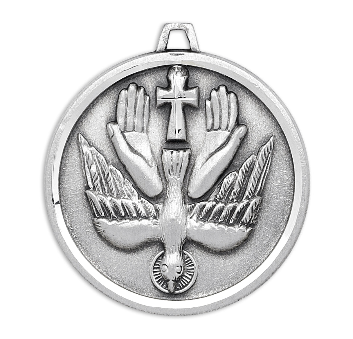 Holy Spirit Round Sterling Silver Medal Pendant Necklace