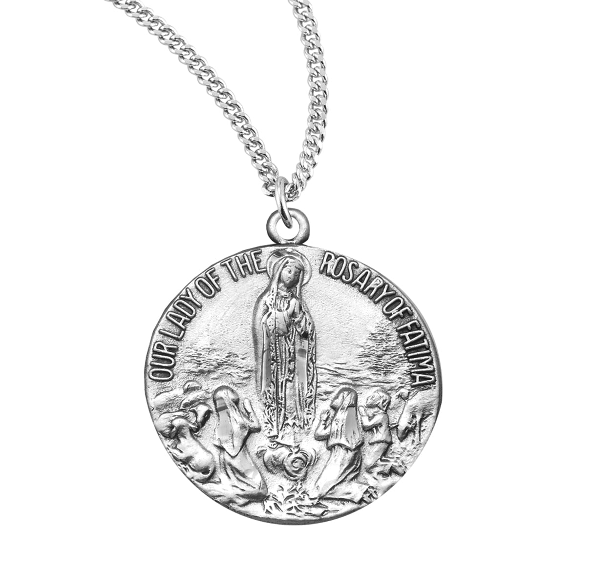 Our Lady of Fatima Round Sterling Silver Medal Pendant Necklace