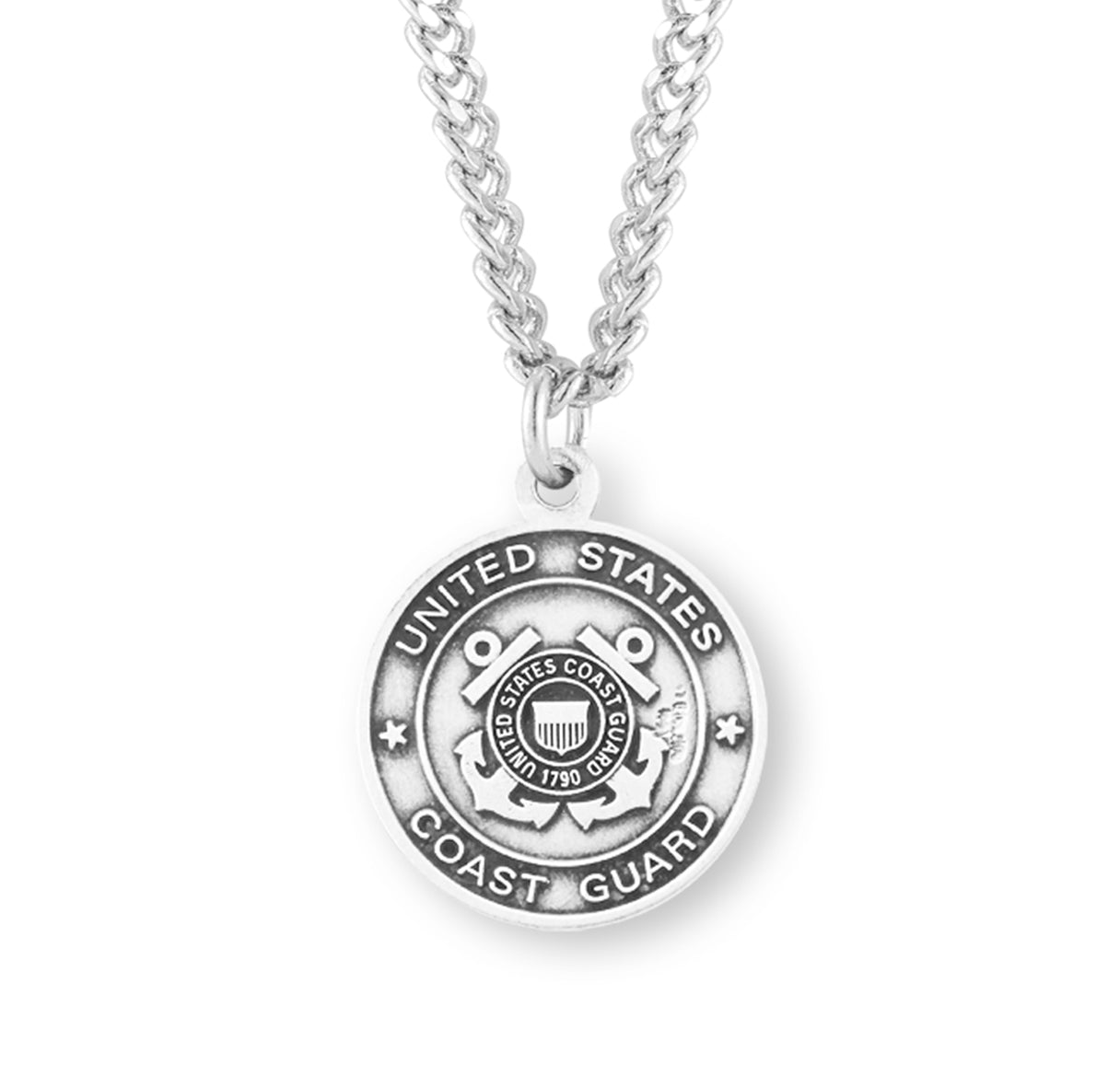 Extel Medium Sterling Silver Coast Guard Medal Pendant Necklace with St. Christopher on Reverse Side