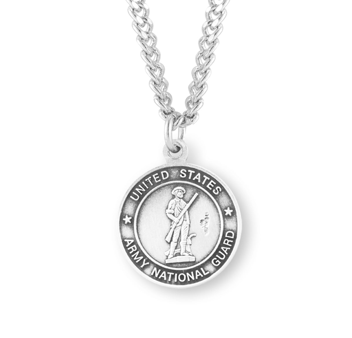 Extel Medium Sterling Silver Army National Guard Medal Pendant Necklace with St. Michael on Reverse Side