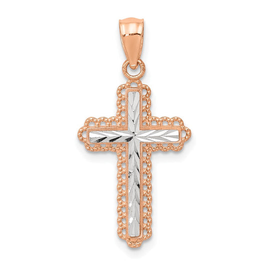 Extel Medium 14k Rose Gold Rhodium Diamond Cut Cross Pendant Charm, Made in USA