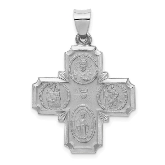 Extel Large 14k White Gold Catholic Four Way Medal Pendant Charm, Made in USA