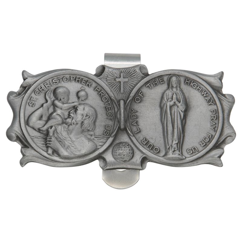 Extel Pewter St. Christopher and Miraculous Mary Sun Visor Clip for Men Women Car Truck