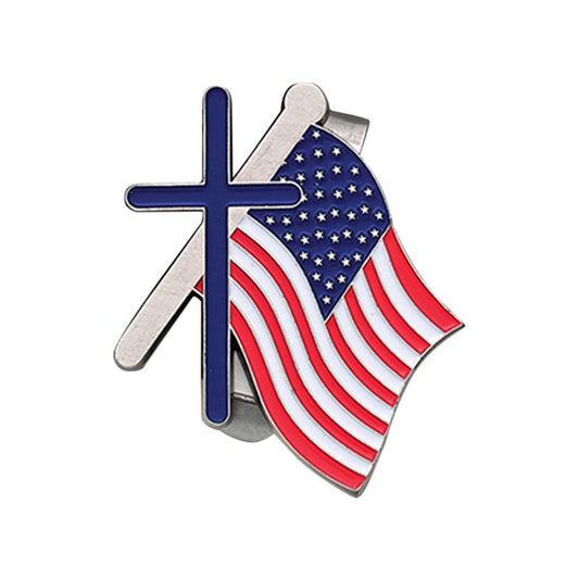 Extel Pewter and Enameled American Flag with Cross Sun Visor Clip for Men Women Car Truck