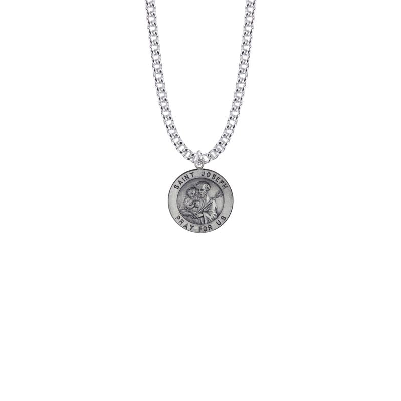 Extel Medium Sterling Silver Round St. Joseph Medal Pendant, Patron Saint of Carpenters and Fathers for Men Women with 20" chain