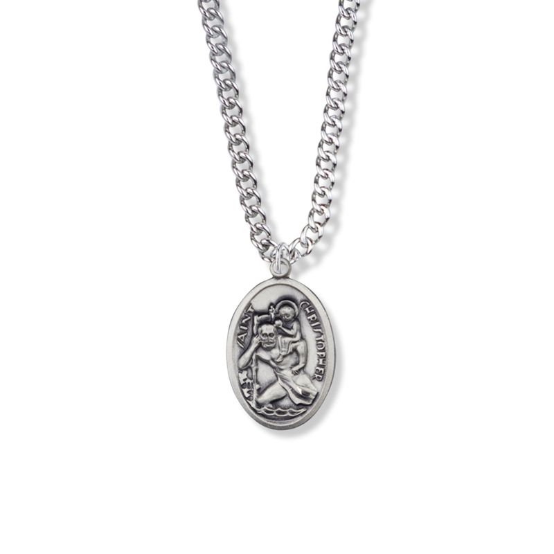 Extel Medium Sterling Silver Antiqued Oval St. Christopher Medal Pendant, Patron Saint of Travelers for Men Women with 20" chain