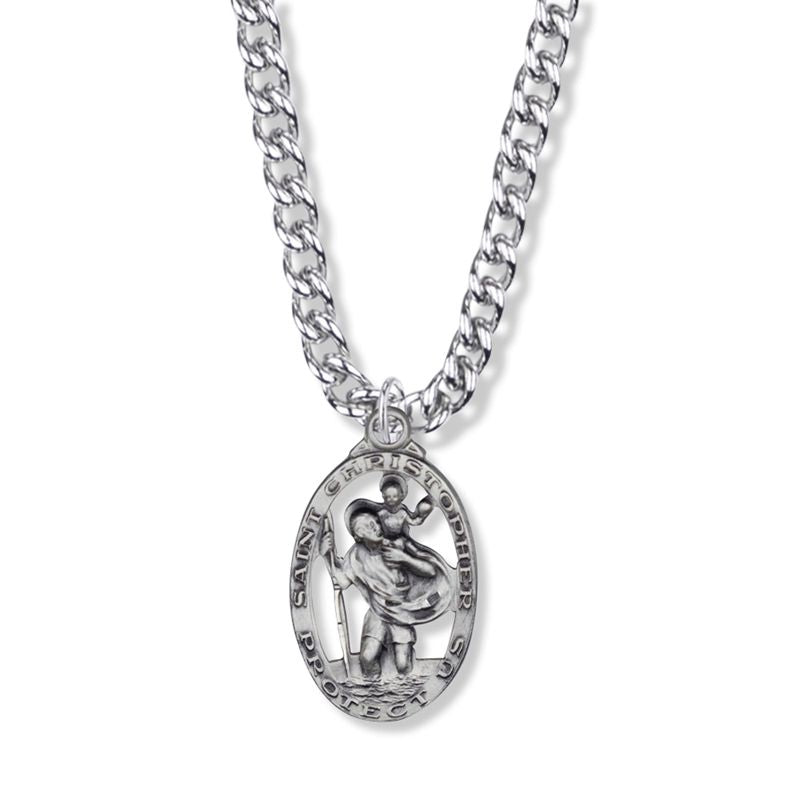 Extel Large Sterling Silver Pierced Oval St. Christopher Medal Pendant, Patron Saint of Travelers for Men with 24" chain