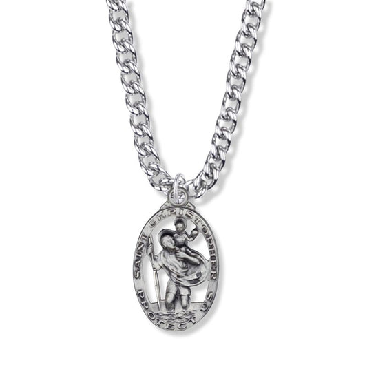 Extel Large Sterling Silver Pierced Oval St. Christopher Medal Pendant, Patron Saint of Travelers for Men with 24" chain