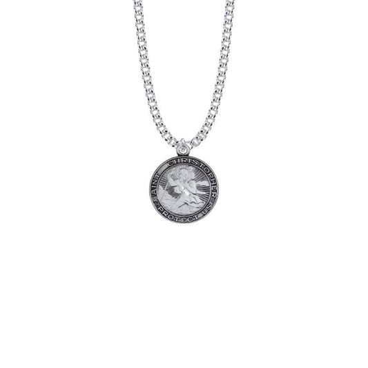 Extel Medium Sterling Silver Round St. Christopher Starburst Medal Pendant, Patron Saint of Travelers for Men Women with 20" chain