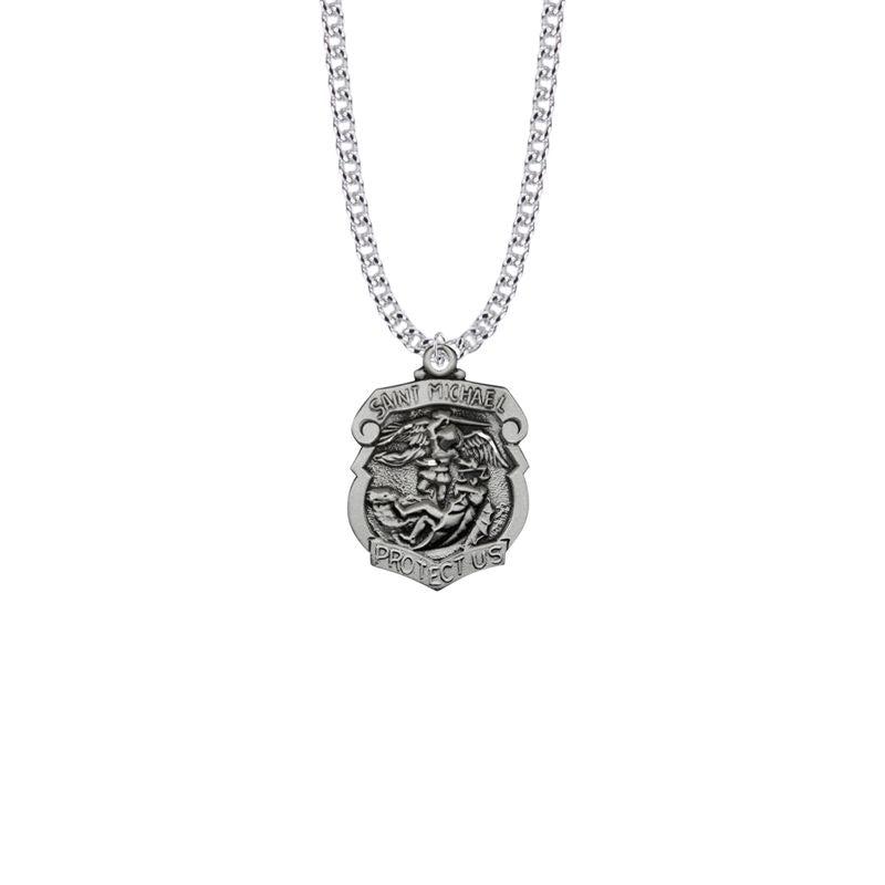 Extel Large Sterling Silver St. Michael Shield Medal Pendant, Patron Saint of Police Officers for Men Women with 20" chain