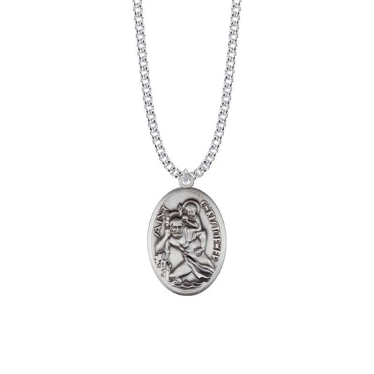 Extel Large Sterling Silver Oval St. Christopher Medal Pendant, Patron Saint of Travelers for Men with 24" chain