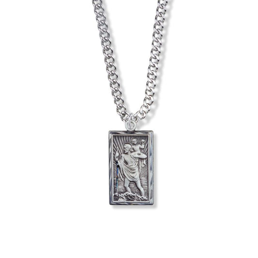 Extel Large Sterling Silver Rectangle St. Christopher Medal Pendant, Patron Saint of Travelers for Men Women with 20" chain