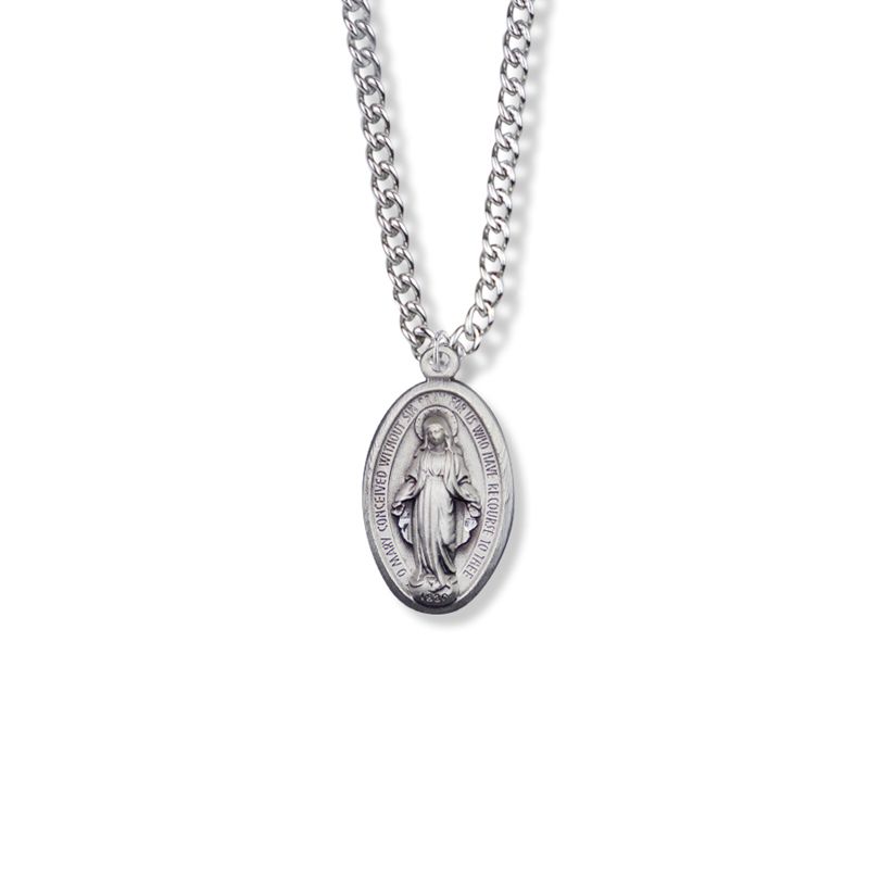 Extel Medium Sterling Silver Satin Oval Miraculous Medal Pendant for Women with 18" chain