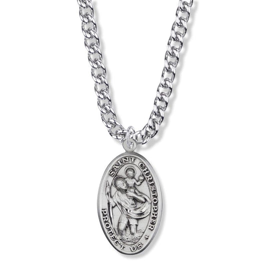 Extel Large Sterling Silver Oval St. Christopher Medal Pendant, Patron Saint of Travelers for Men with 24" chain