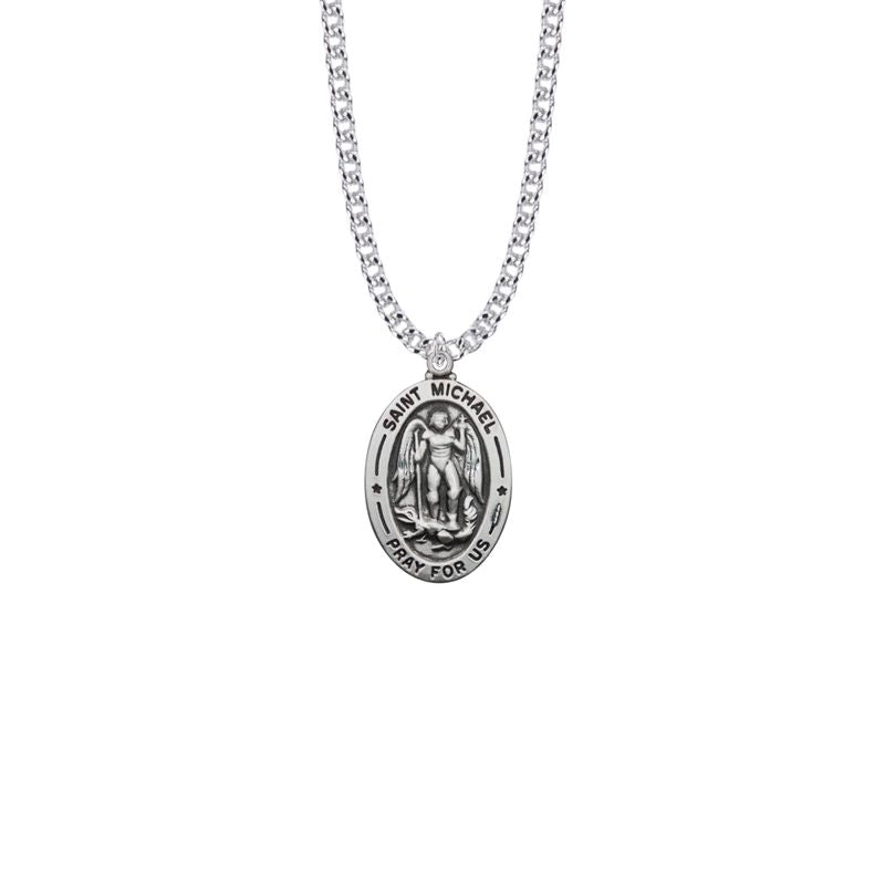 Extel Large Sterling Silver Oval St. Michael Medal Pendant, Patron Saint of Police Officers for Men Women with 20" chain