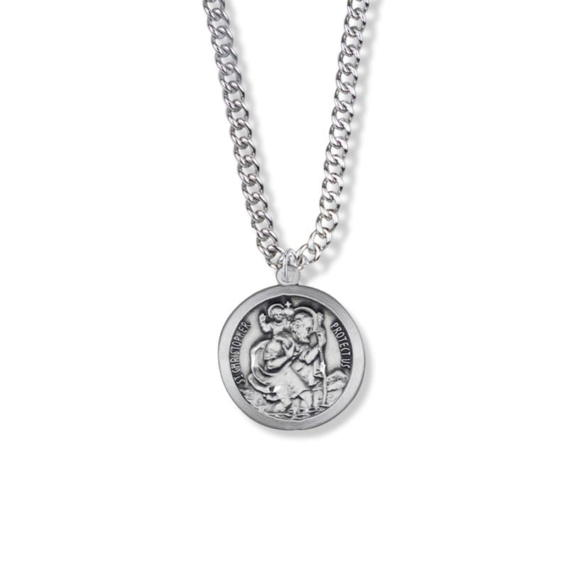 Extel Medium Sterling Silver Round Antiqued St. Christopher Medal Pendant, Patron Saint of Travelers for Men Women with 20" chain