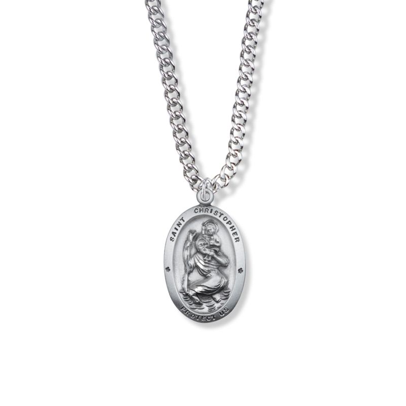 Extel Large Sterling Silver Oval St. Christopher Medal Pendant, Patron Saint of Travelers for Men Women with 20" chain