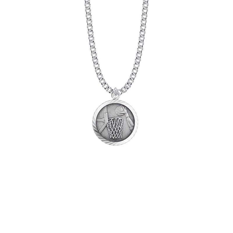 Extel Medium Round Sterling Silver Boy's Basketball Medal Pendant with St. Christopher on Back with 20" chain