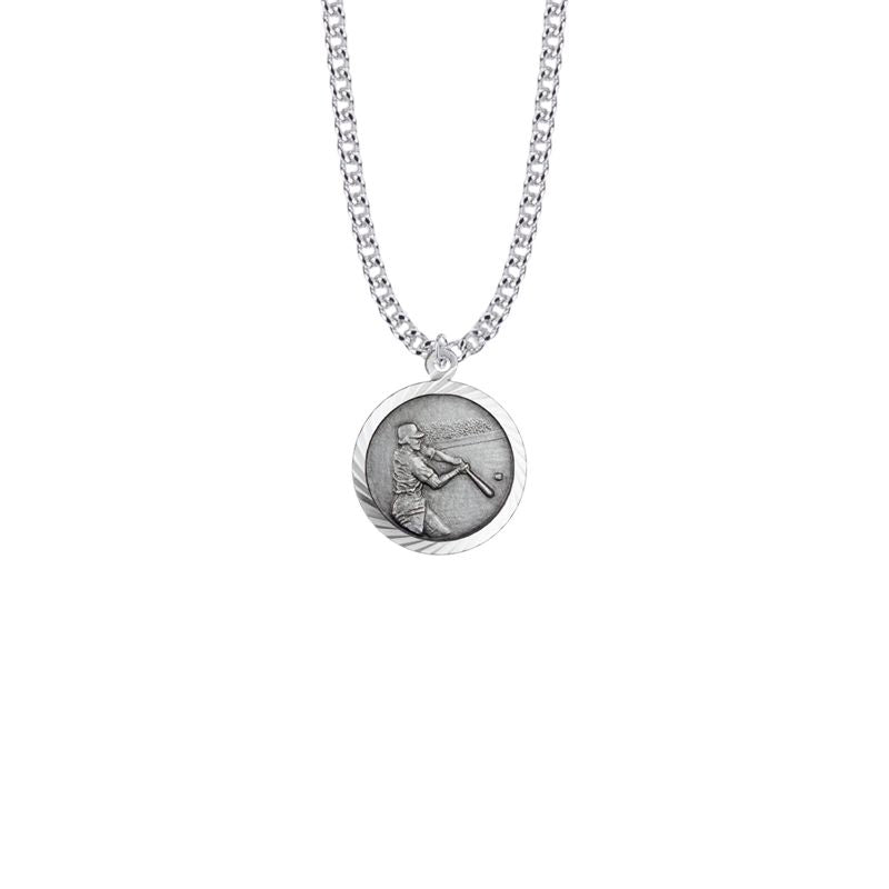 Extel Medium Round Sterling Silver Boy's Baseball Player Medal Pendant with St. Christopher on Back with 20" chain