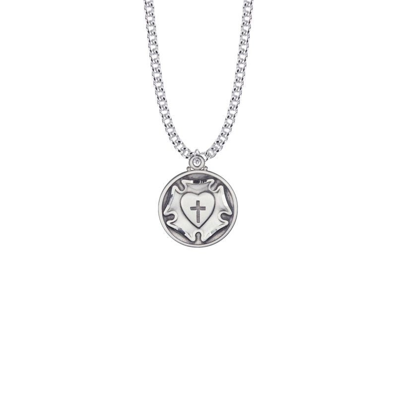 Extel Medium Round Sterling Silver Diamond Engraved Lutheran Rose Medal Pendant for Women with 20" chain