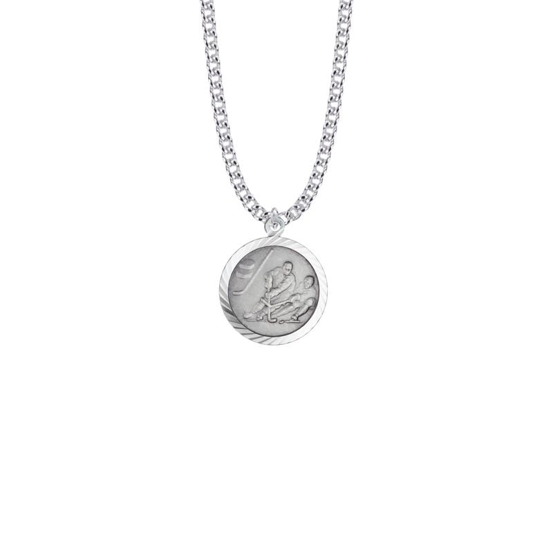 Extel Medium Round Sterling Silver Boy's Ice Hockey Player Medal Pendant with St. Christopher on Back with 20" chain