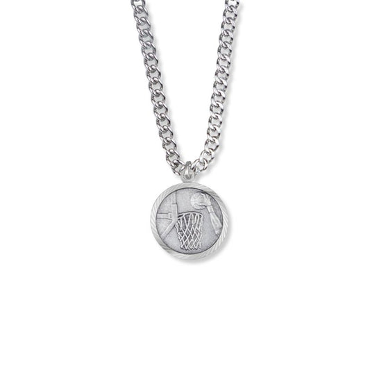 Extel Medium Round Sterling Silver Boy's Basketball Player Medal Pendant with Cross on Back with 20" chain