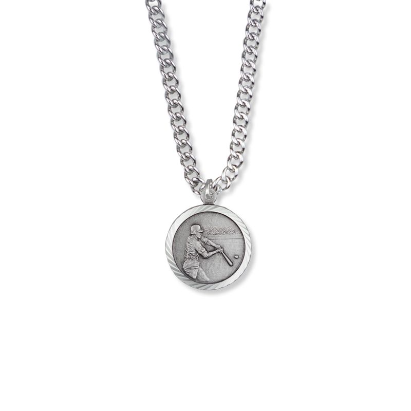 Extel Medium Round Sterling Silver Boy's Baseball Player Medal Pendant with Cross on Back with 20" chain