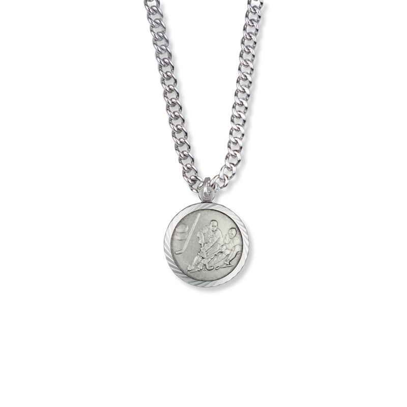 Extel Medium Round Sterling Silver Boy's Ice Hockey Player Medal Pendant with Cross on Back with 20" chain