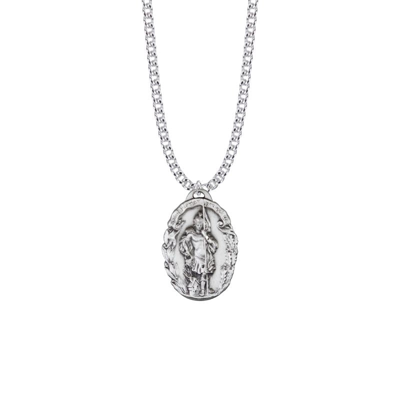 Extel Large Sterling Silver Oval St. Florian Medal Pendant, Patron Saint of Firefighters for Men with 24" chain