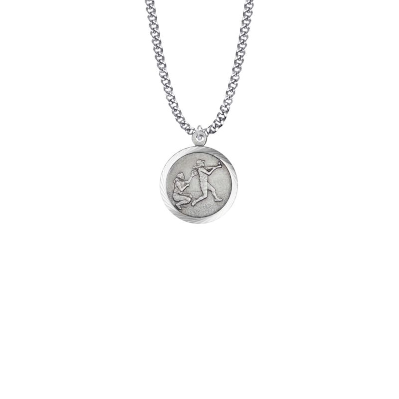 Extel Medium Round Sterling Silver Girl's Softball Player Medal Pendant with St. Christopher on Back with 18" chain