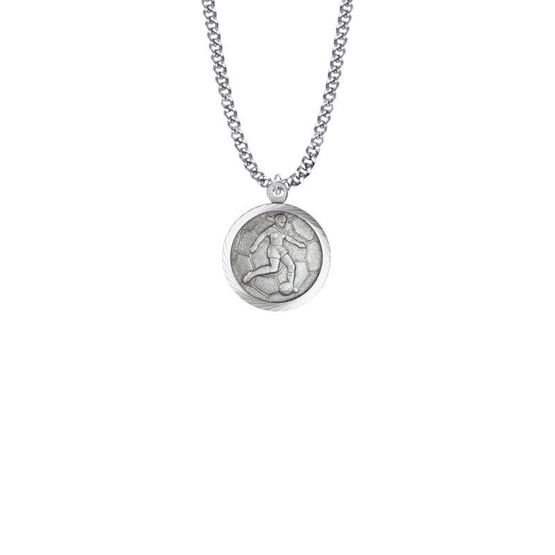 Extel Medium Round Sterling Silver Girl's Soccer Player Medal Pendant with St. Christopher on Back with 18" chain