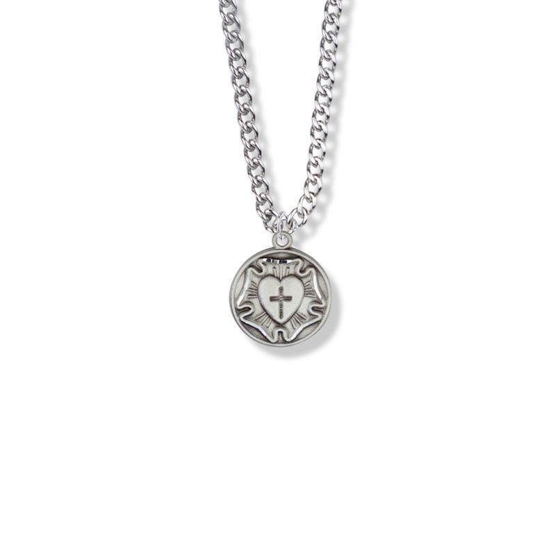 Extel Medium Round Sterling Silver Diamond Engraved Lutheran Rose Medal Pendant for Women with 18" chain