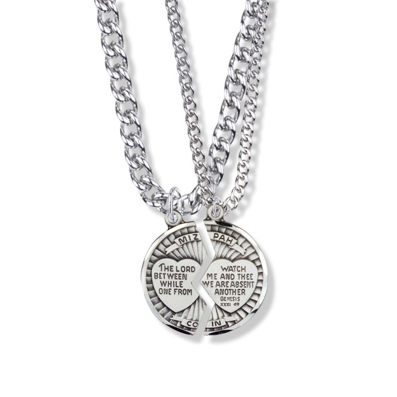 Extel Medium Round Sterling Silver Mizpah Medal Pendant with Diamond Engraving for Men Women with 24" chain