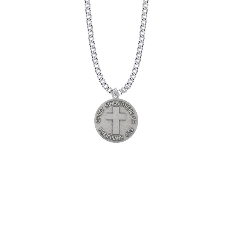 Extel Medium Round Nickel Silver U.S. Navy Medal Pendant with Christ Strengthens Me on Back for Women with 20" chain