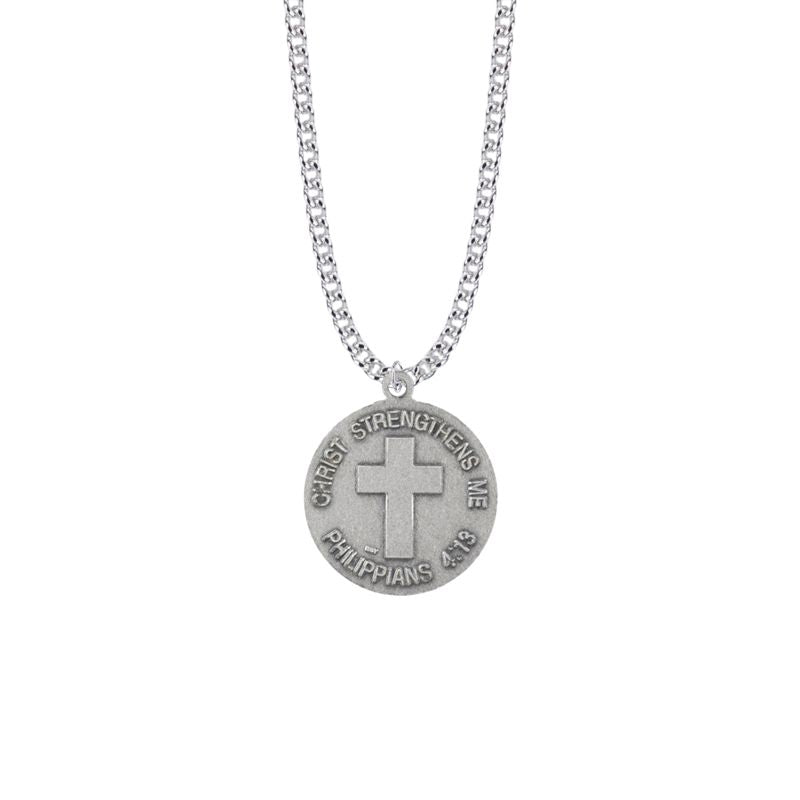 Extel Large Round Nickel Silver U.S. Army Medal Pendant with Christ Strengthens Me on Back