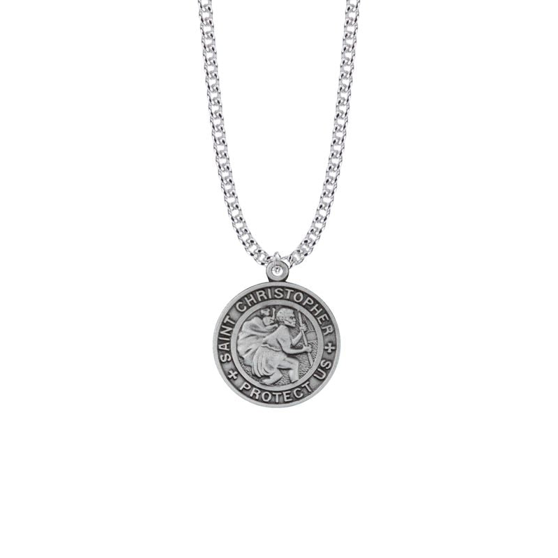 Extel Large Pewter Large Round Saint Christopher Medal Pendant, Patron Saint of Travelers for Men with 24" chain