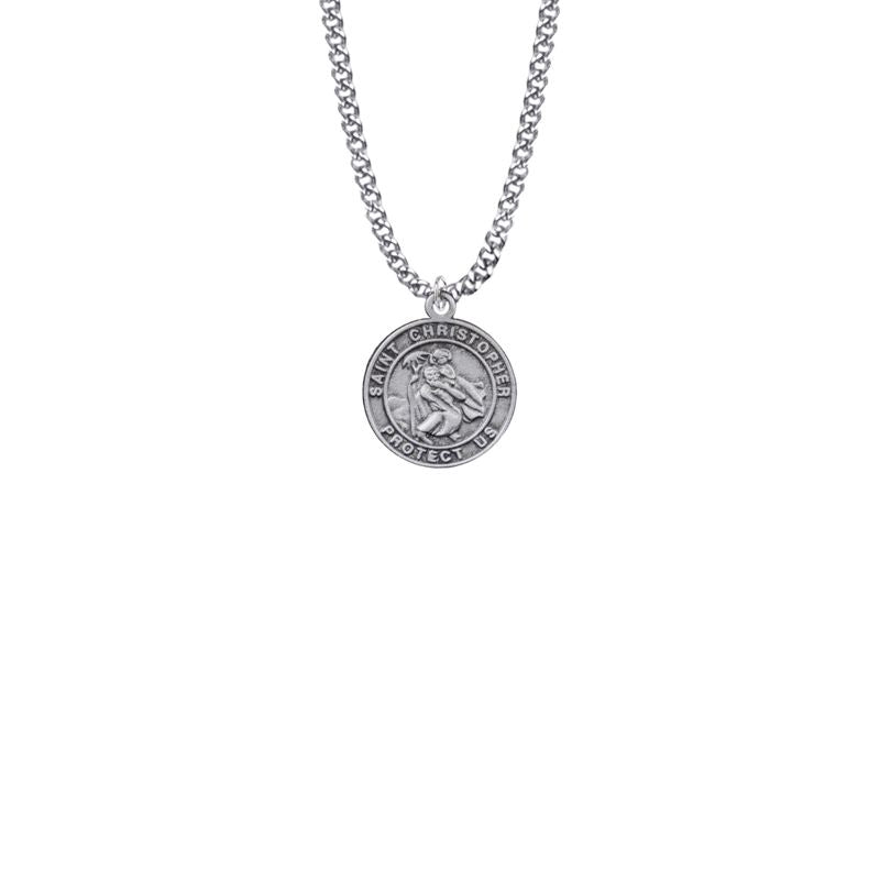 Extel Medium Pewter Small Round Saint Christopher Medal Pendant, Patron Saint of Travelers for Women with 18" chain