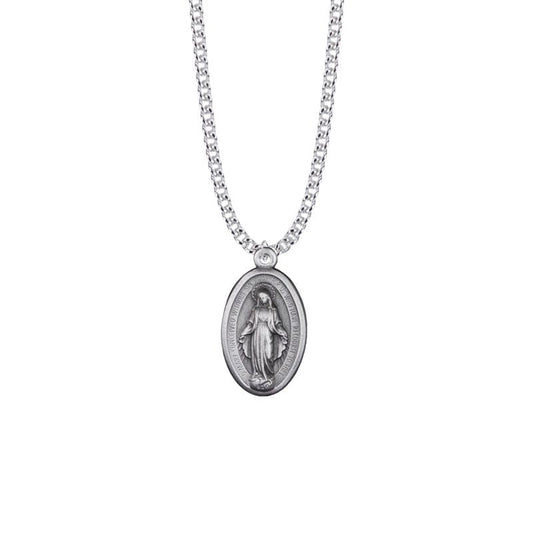 Extel Large Pewter Large Oval Miraculous Medal Pendant  for Men with 24" chain