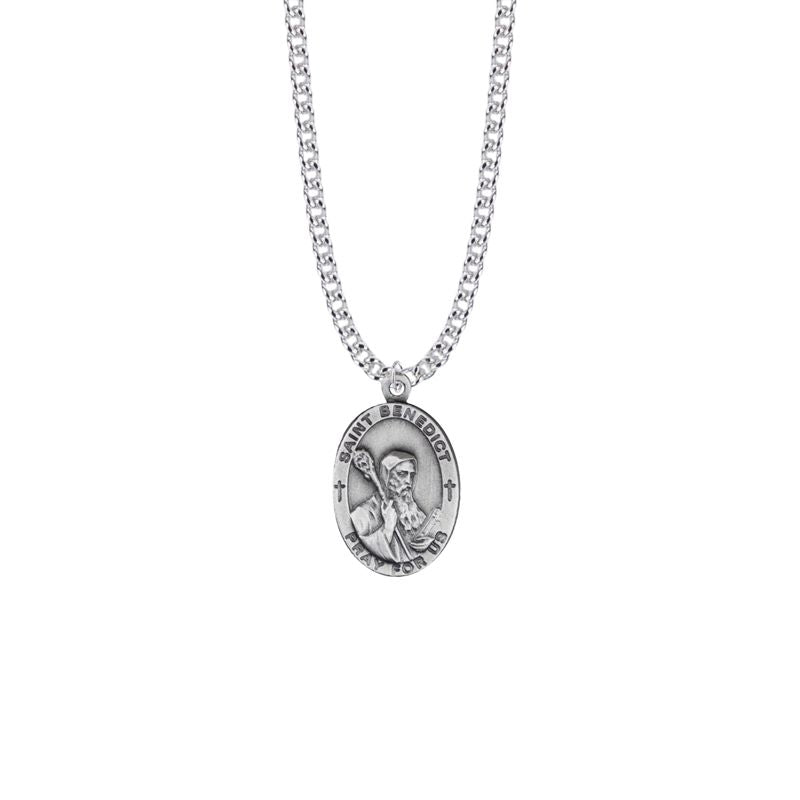 Extel Large Pewter Oval Saint Benedict Medal Pendant, Patron Saint of Monks, Kidney Disease, and School Children for Men with 24" chain